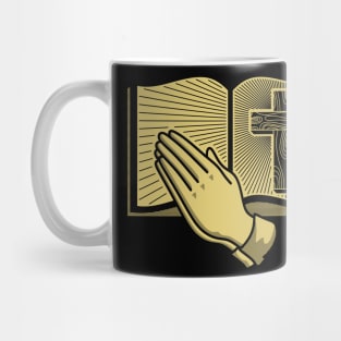 Cross of Jesus, open bible and praying hands. Mug